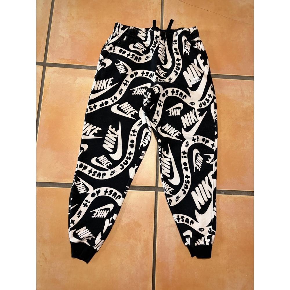 Nike Youth X-Large Black & White Logo Print Fleece Joggers